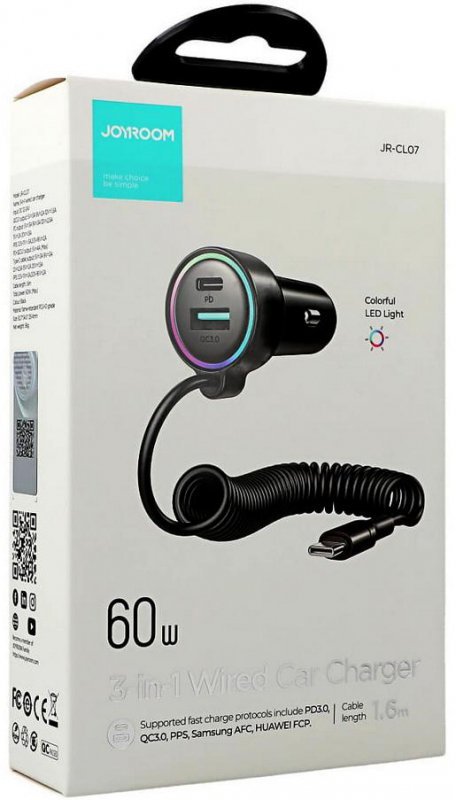 Ładowarka samochodowa 3w1 Joyroom JR-CL07 60W 4.0A PD 3.0 QC 3.0 1x USB-A 1x USB-C z kablem 1.6M