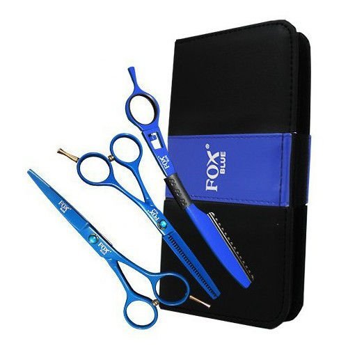 niebieski zestaw fryzjerski fox color nożyczki, degażówki