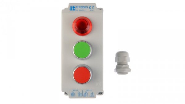 Kaseta sterownicza 3-otworowa z przyciskami zielony/czerwony + lampka sygnalizacyjna IP65 ST22K305-1