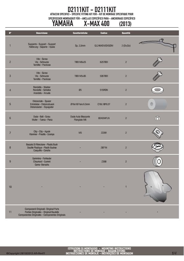 GIVI D2111KIT ZESTAW DO SZYBY YAMAHA X-MAX 125-250 (14), X-MAX 400 (13-14)