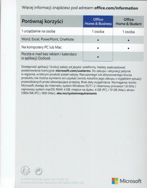 Office Home and Business 2021 Polish Wersja fizyczna Licencji z kluczem aktywacyjnym T5D-03539