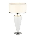 LAMPA STOŁOWA SZKLANA BIAŁA GLAMOUR LAMPKA NOCNA Z BIAŁYM ABAŻUREM CHROM SREBRNY PASEK DUŻA 70CM ARGON LORENA 357