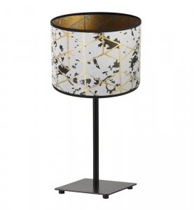 Lampka stołowa z materiałowym abażurem 20 cm, szary, złoty wzór geometryczny, metalowy stelaż, E27
