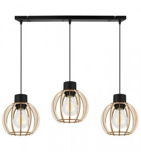 Regulowana lampa wisząca, prostokątna podsufitka, 3 klosze okrągłe z drewnianych lameli, 16 cm, E27 