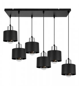Lampa wisząca z prostokątną podsufitką 60 cm, 6 metalowych, czarnych kloszy 12 cm ze srebrnym wykończeniem, E27