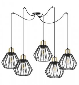 Lampa wisząca typu pająk, 5 kloszy drucianych czarnych metalowych 18 cm, złote wykończenie, E27 LIGHT HOME