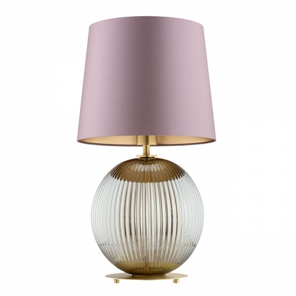 DUŻA LAMPA STOŁOWA NOCNA SZKLANA DO SALONU SYPIALNI NA KOMODĘ W STYLU GLAMOUR KULA SZARA SZKLANA Z RÓŻOWYM ABAŻUREM ARGON HAMILTON 8531