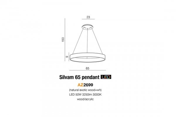 AZZARDO AZ2699 SILVAM 65CM 50W 3000K TOP LAMPA WISZĄCA LED DREWNIANY OKRĄGŁY RING