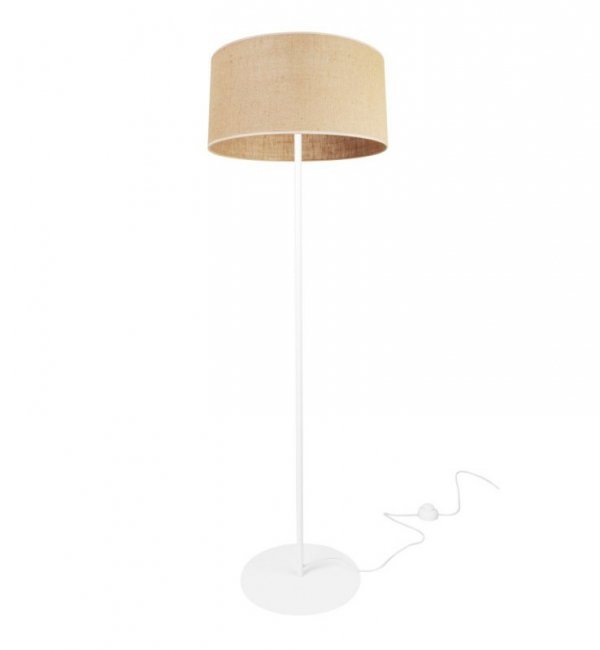 Lampa podłogowa, metalowa nóżka, abażur 40 cm juta, kremowe obszycie, E27