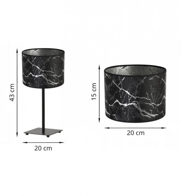 Lampka stołowa z materiałowym abażurem 20 cm, kolor czarny, srebrny wzór marmur, metalowy stelaż, E27 LIGHT HOME