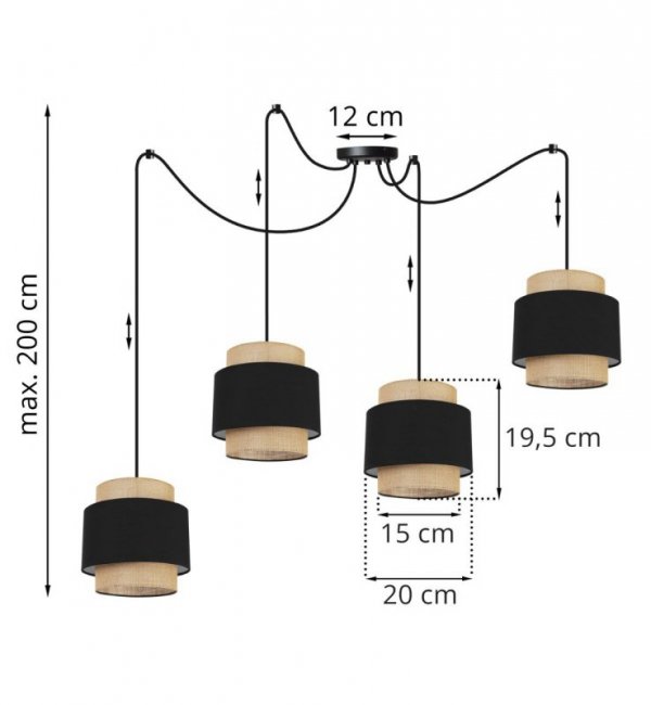 Lampa wisząca BOHO, pająk, 4 abażury, regulacja wysokości, metal