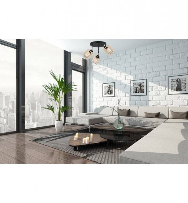 Lampa sufitowa TIMBER, regulacja, podsufitka, 3 drewniane klosze, metalowa konstrukcja LIGHT HOME