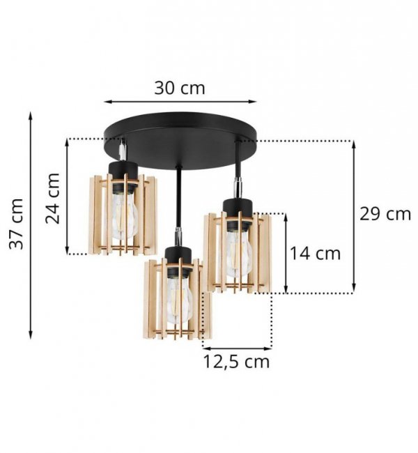 Lampa sufitowa TIMBER, regulacja, podsufitka, 3 drewniane klosze, metalowa konstrukcja LIGHT HOME