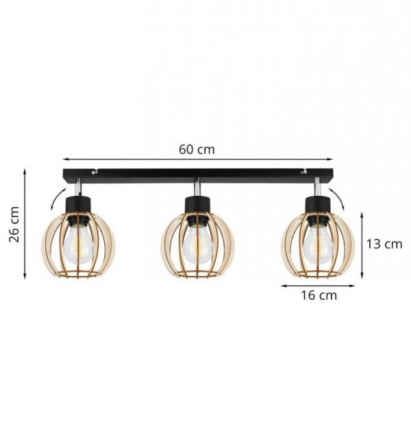 Regulowana lampa sufitowa TIMBER, 3 drewniane klosze, metalowa konstrukcja, listwa LIGHT HOME