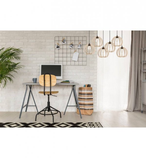 Lampa wisząca na prostokątnej listwie sufitowej 60 cm z 6 drewnianymi, okrągłymi kloszami ażurowymi 24,5 cm, E27 LIGHT HOME