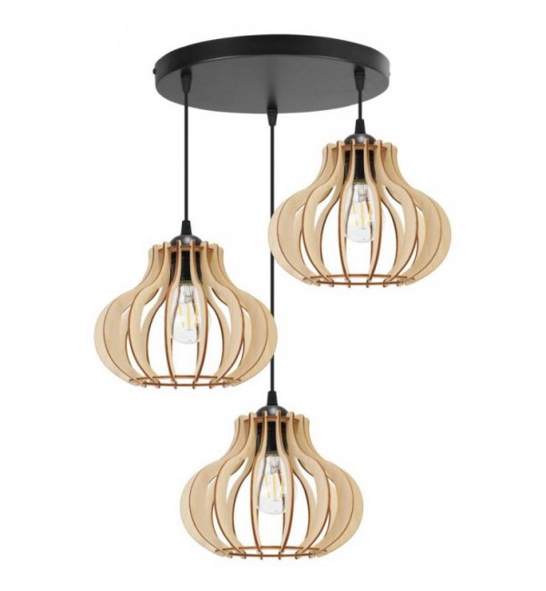 Lampa wisząca na okrągłej podsufitce 30 cm z 3 drewnianymi kloszami 23 cm o oryginalnym kształcie, E27 LIGHT HOME