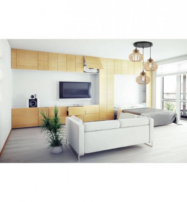 Lampa wisząca na okrągłej podsufitce 30 cm z 3 drewnianymi kloszami 23 cm o oryginalnym kształcie, E27 LIGHT HOME