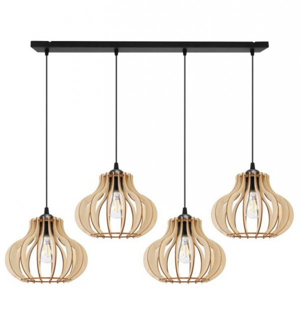 Lampa wisząca na szerokiej listwie 80 cm z 4 drewnianymi kloszami 23 cm w oryginalnym kształcie, E27 LIGHT HOME