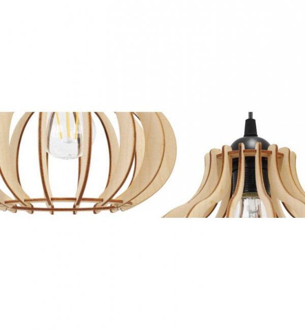 Lampa wisząca na okrągłej podsufitce 30 cm z 4 drewnianymi kloszami 23 cm o oryginalnym kształcie, E27