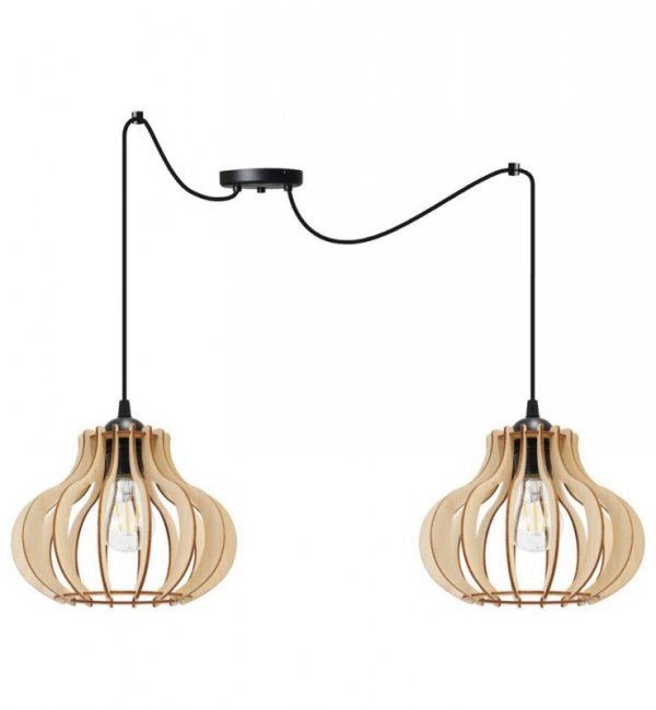 Lampa wisząca typu pająk, 2 drewniane klosze ażurowe o oryginalnym kształcie 23 cm, okrągła podsufitka, E27 LIGHT HOME