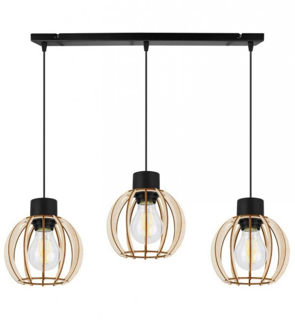 Regulowana lampa wisząca, prostokątna podsufitka, 3 klosze okrągłe z drewnianych lameli, 16 cm, E27 LIGHT HOME