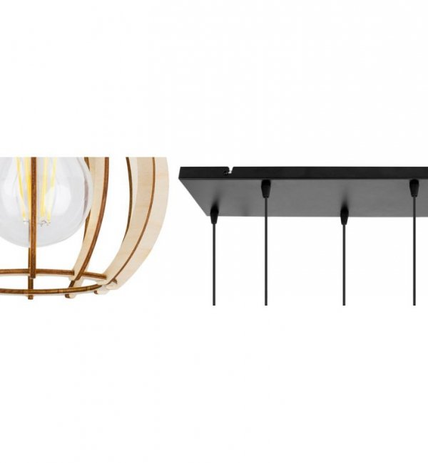 Regulowana lampa wisząca, prostokątna podsufitka, 6 kloszy okrągłych z drewnianych lameli, 16 cm, E27