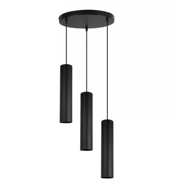 Lampa wisząca na okrągłej podsufitce 30 cm, 3 podłużne wąskie klosze metalowe tuba 6 cm, GU10 LIGHT HOME
