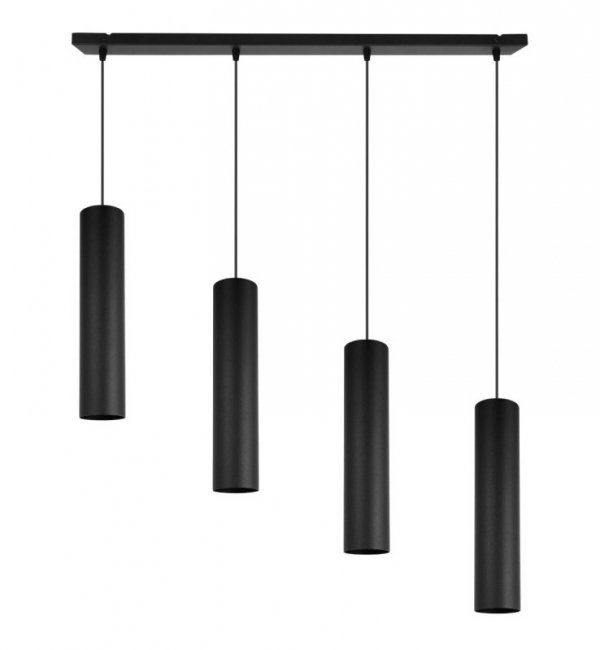 Lampa wisząca na szerokiej prostokątnej listwie 66 cm, 4 czarne podłużne wąskie klosze metalowe tuba 6 cm, GU10 LIGHT HOME
