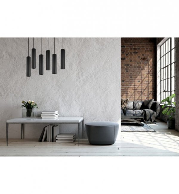 Lampa wisząca na szerokiej prostokątnej listwie 60 cm, 6 podłużnych wąskich czarnych kloszy metalowych tuba 6 cm, GU10 LIGHT HOME