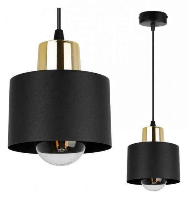 Lampa wisząca zwis, metalowy czarny klosz 12 cm ze złotym wykończeniem, podsufitka 8 cm, E27 LIGHT HOME