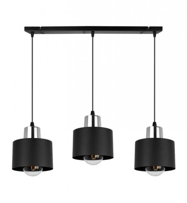 Lampa wisząca na szerokiej listwie 60 cm, 3 klosze czarne metalowe 12 cm ze srebrnym, chromowanym wykończeniem, E27 LIGHT HOME