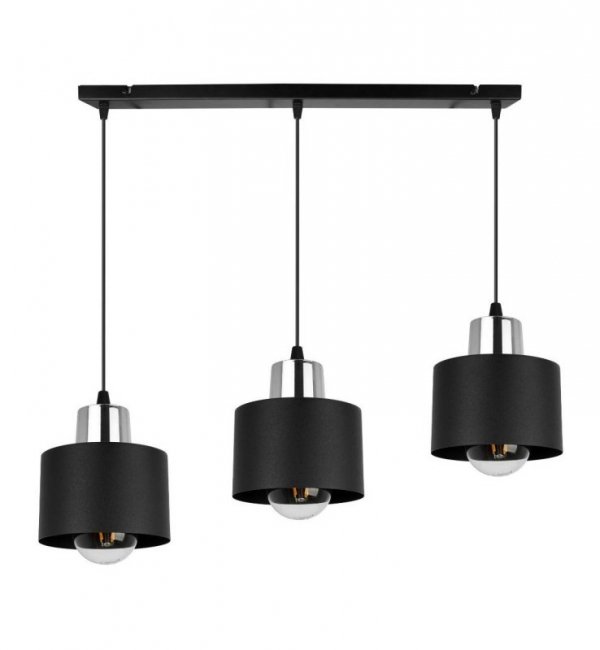 Lampa wisząca na szerokiej listwie 60 cm, 3 klosze czarne metalowe 12 cm ze srebrnym, chromowanym wykończeniem, E27 LIGHT HOME