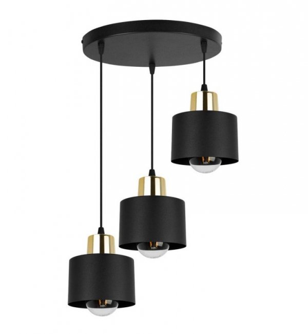 Lampa wisząca na okrągłej podsufitce 30 cm, 3 klosze czarne metalowe 12 cm ze złotym wykończeniem, E27 LIGHT HOME