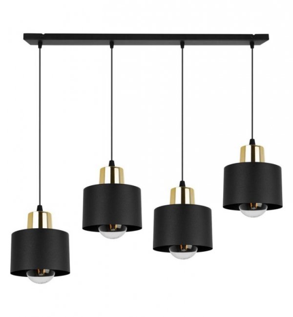 Lampa wisząca z prostokątną podsufitką 80 cm, 4 metalowe, czarne klosze 12 cm ze złotym wykończeniem, E27