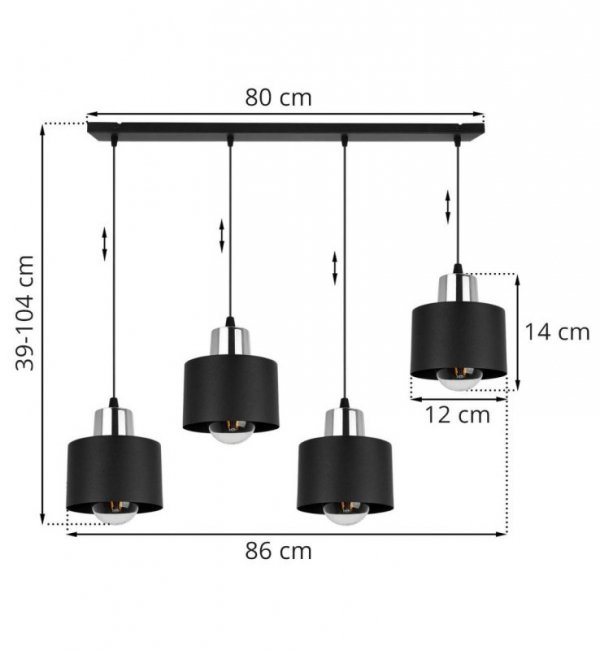 Lampa wisząca z prostokątną podsufitką 80 cm, 4 metalowe, czarne klosze 12 ze srebrnym wykończeniem, E27 LIGHT HOME