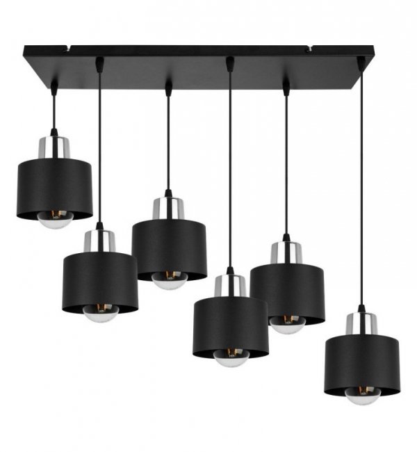 Lampa wisząca z prostokątną podsufitką 60 cm, 6 metalowych, czarnych kloszy 12 cm ze srebrnym wykończeniem, E27 LIGHT HOME