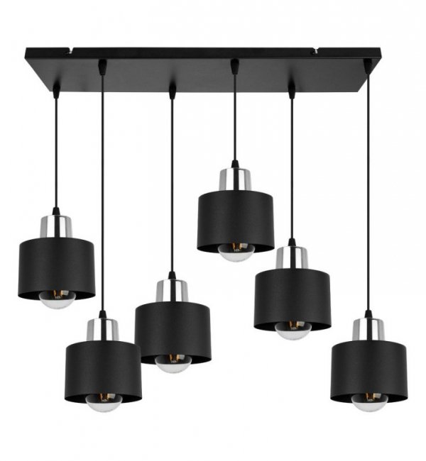 Lampa wisząca z prostokątną podsufitką 60 cm, 6 metalowych, czarnych kloszy 12 cm ze srebrnym wykończeniem, E27 LIGHT HOME