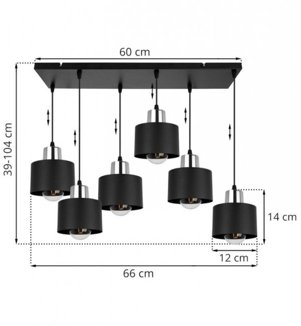 Lampa wisząca z prostokątną podsufitką 60 cm, 6 metalowych, czarnych kloszy 12 cm ze srebrnym wykończeniem, E27 LIGHT HOME