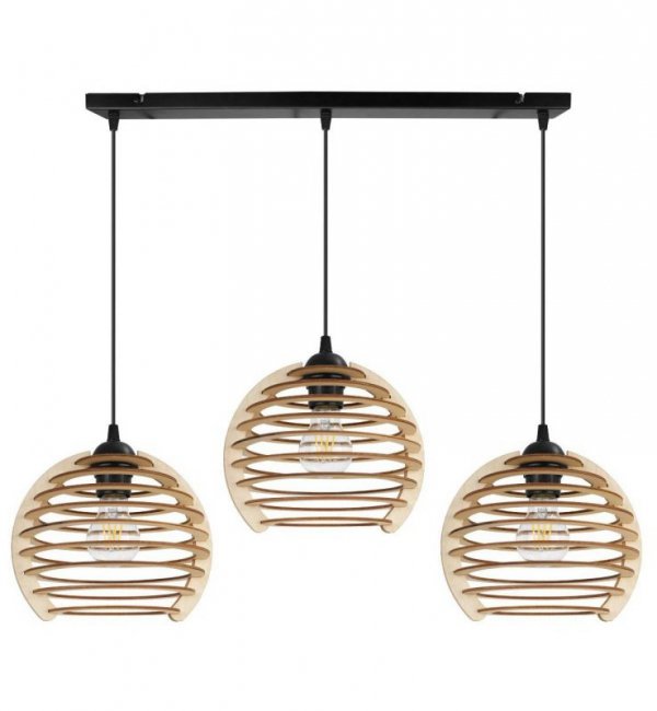 Lampa wisząca na szerokiej listwie 60 cm, 3 drewniane klosze w kształcie ażurowych kul z poziomych lameli 21 cm, E27 LIGHT HOME