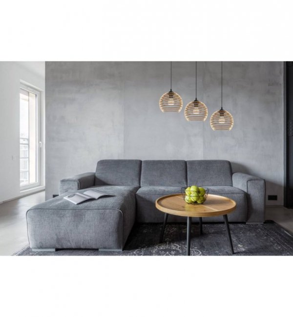 Lampa wisząca na szerokiej listwie 60 cm, 3 drewniane klosze w kształcie ażurowych kul z poziomych lameli 21 cm, E27 LIGHT HOME