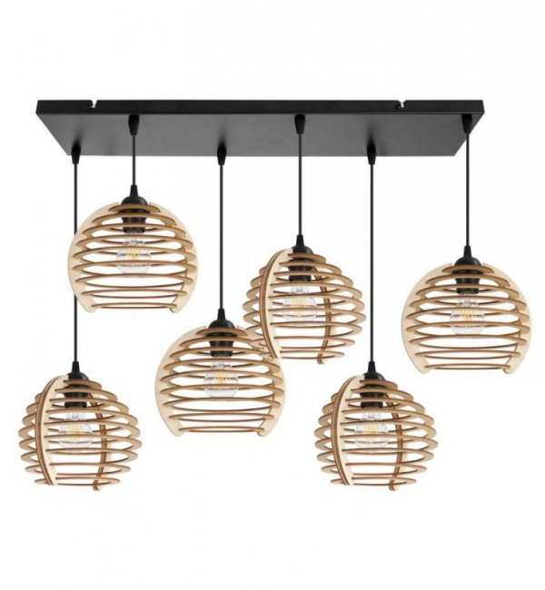 Lampa wisząca z prostokątną podsufitką 60 cm, 6 drewnianych kloszy 21 cm w formie ażurowych kul, E27 LIGHT HOME