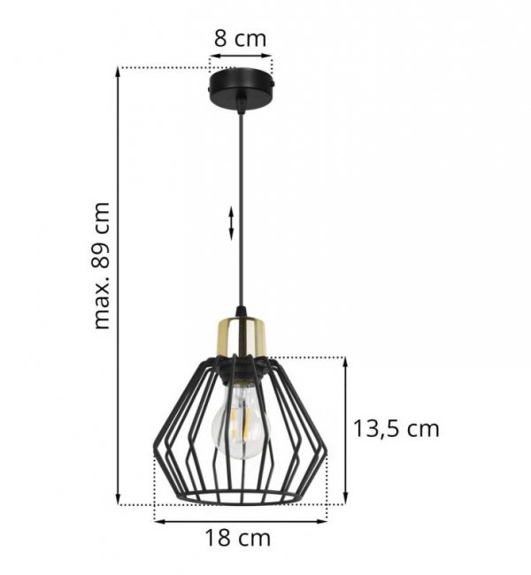 Lampa wisząca zwis, druciany czarny klosz metalowy 18 cm ze złotym wykończeniem, podsufitka 8 cm, E27 LIGHT HOME