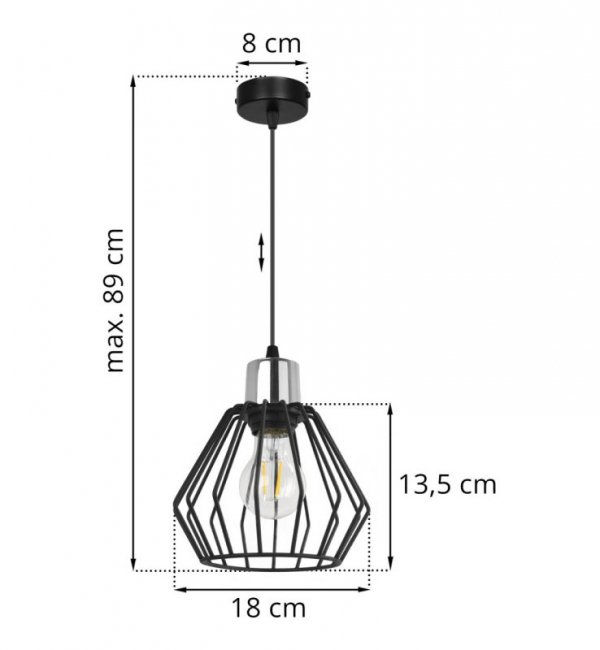 Lampa wisząca zwis, druciany czarny klosz metalowy 18 cm ze srebrnym, chromowanym wykończeniem, podsufitka 8 cm, E27 LIGHT HOME