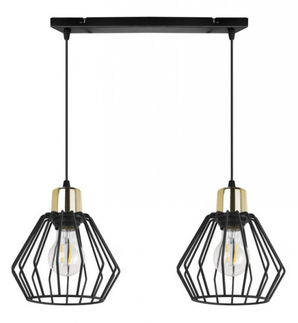 Lampa wisząca na szerokiej listwie 40 cm, 2 klosze druciane czarne metalowe 18 cm ze złotym wykończeniem, E27 LIGHT HOME