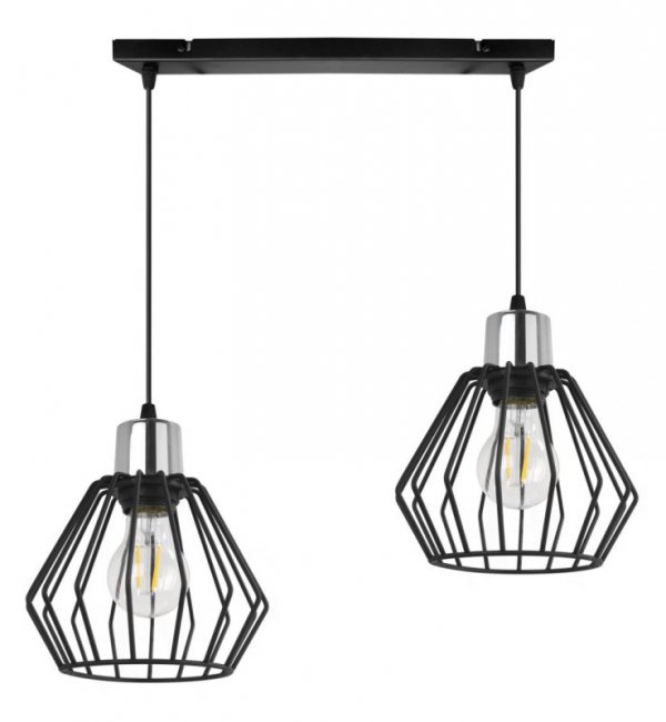 Lampa wisząca na szerokiej listwie 40 cm, 2 klosze druciane czarne metalowe 18 cm ze srebrnym, chromowanym wykończeniem, E27 LIGHT HOME