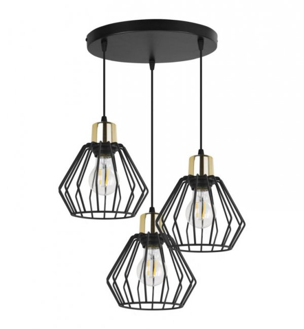 Lampa wisząca na okrągłej podsufitce 30 cm, 3 klosze druciane metalowe czarne 18 cm ze złotym wykończeniem, E27 LIGHT HOME