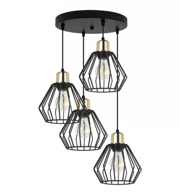 Lampa wisząca na okrągłej podsufitce 30 cm, 4 klosze druciane metalowe czarne 18 cm ze złotym wykończeniem, E27 LIGHT HOME
