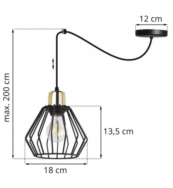 Lampa wisząca typu pająk, druciany czarny klosz 18 cm ze złotym wykończeniem, E27 LIGHT HOME