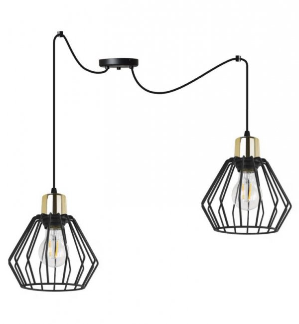 Lampa wisząca typu pająk, 2 klosze druciane czarne metalowe 18 cm ze złotym wykończeniem, E27 LIGHT HOME