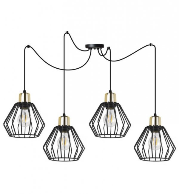 Lampa wisząca typu pająk, 4 druciane czarne klosze metalowe 18 cm ze złotym wykończeniem, E27 LIGHT HOME